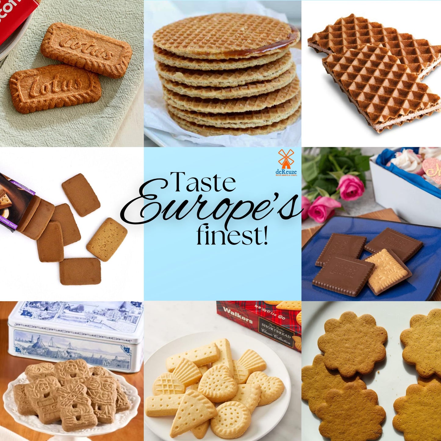 DEREUZE Dutch Snack Box - Assorted Gourmet Cookies, 8 , 9x12x4 inches, Brown/Black/White