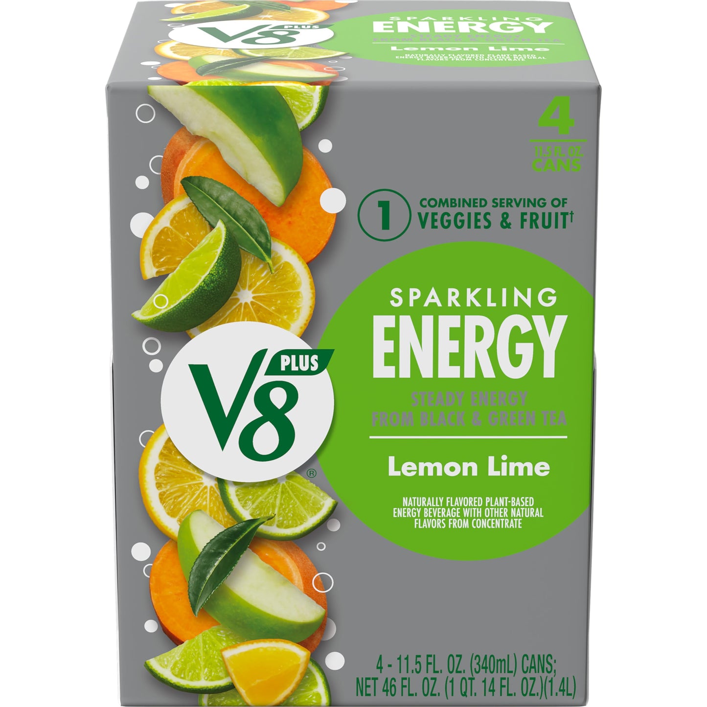V8 +ENERGY Sparkling Lemon Lime Juice Energy Drink, Pack of 4 (11.5 fl oz)