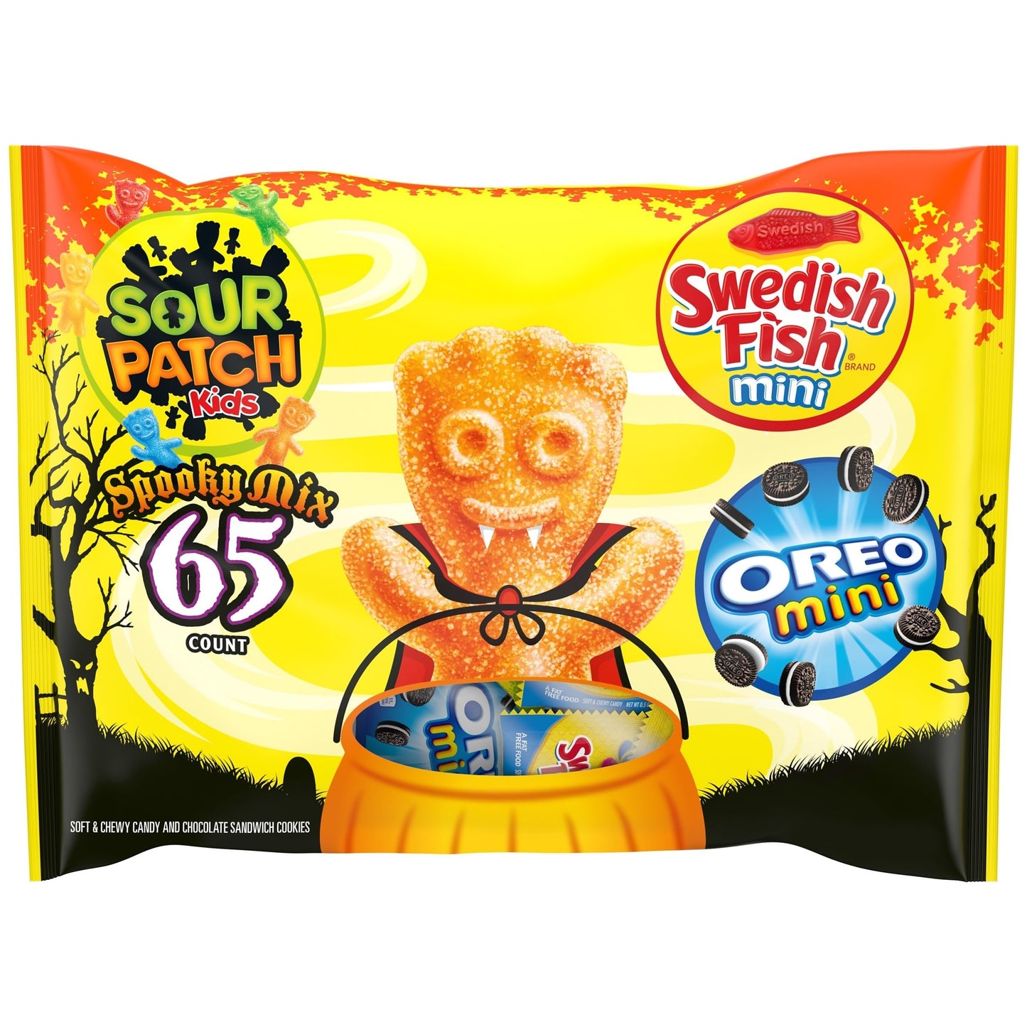 SOUR PATCH KIDS, OREO Mini Chocolate Sandwich Cookies & SWEDISH FISH Mini Halloween Candy Variety Pack, Bulk Candy, 65 Trick or
