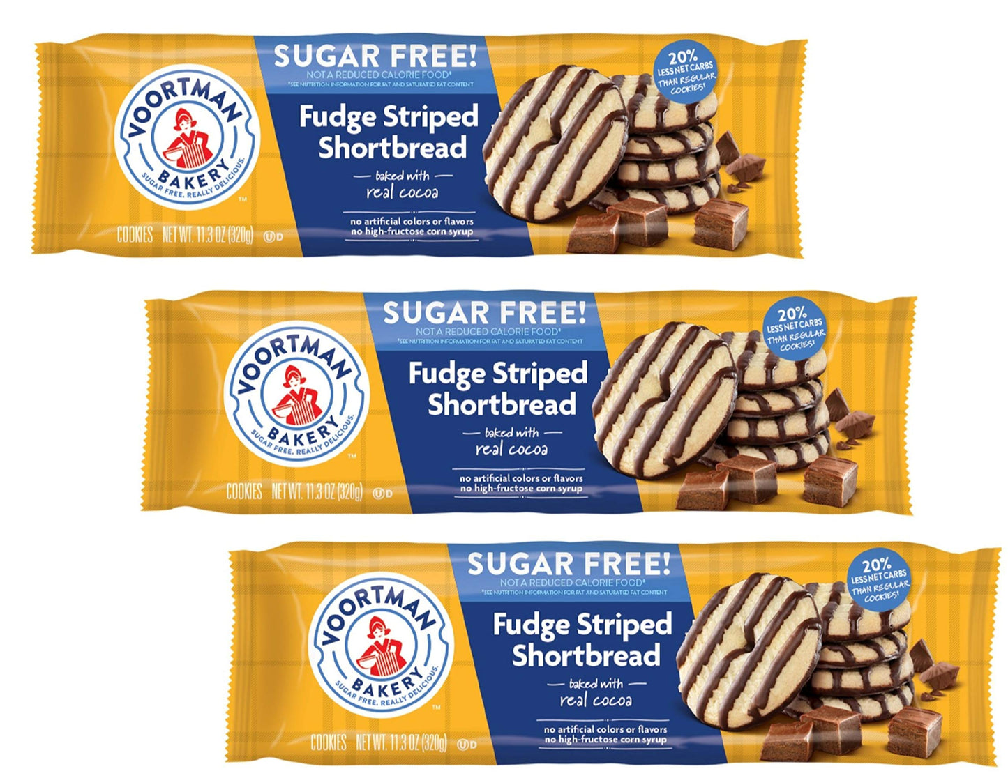 3 pack - Voortman Bakery, Sugar Free Cookies, Fudge Striped Shortbread, 11.3 oz each
