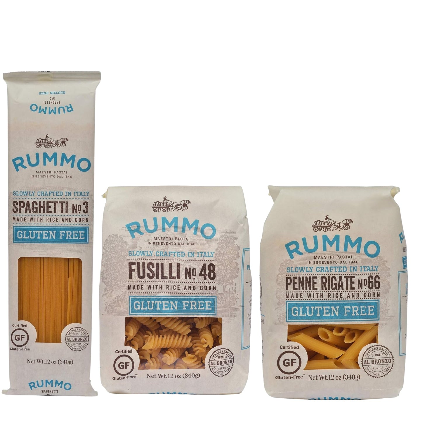 Rummo Gluten Free Pasta Variety Pack - Spaghetti Noodles, Fusilli, Penne Rigate, Made with Rice & Corn, Pasta from Italy - 16 Ou