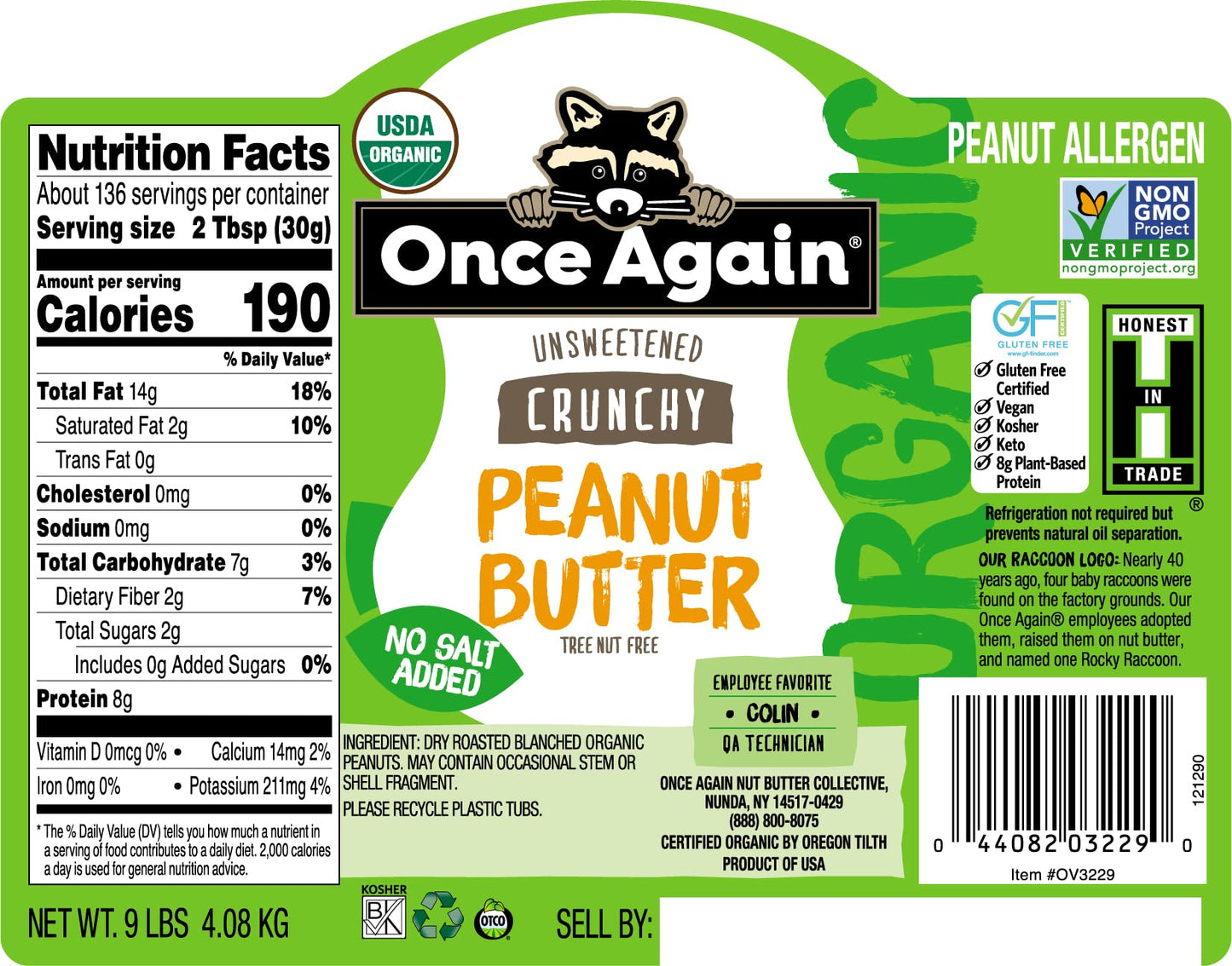 Once Again Organic Crunchy Peanut Butter, 9lbs (same as 9 jars) - Salt Free, Unsweetened - USDA Organic, Gluten Free Certified,