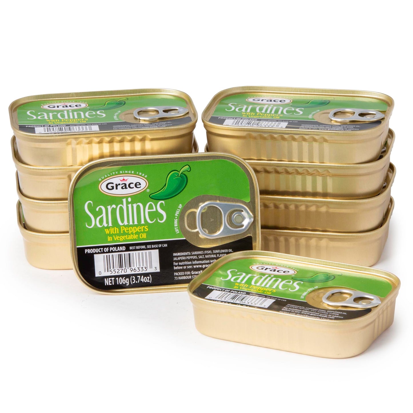 Grace Sardines In Pepper In Vegetable Oil - 3.74Oz (Pack Of 10) - 16G Protein Per Serving Canned & Packaged Season Sardines Low Sodium Gluten Free Keto Friendly Canned Fish