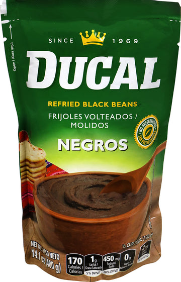 Ducal Refried Black Beans Pouch, 14.1 Ounce (Pack of 18) - Instant Vegetarian Refried Black Beans, Non-GMO And Gluten-Free - Exc