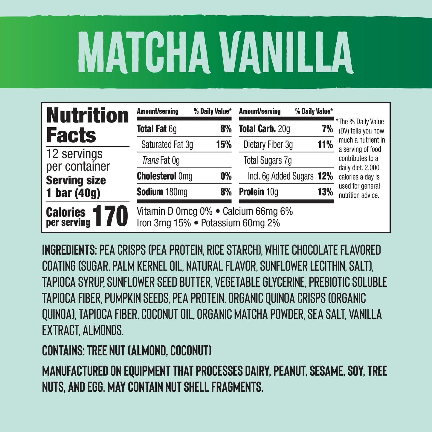 Mezcla Puff-Crispy Protein Bar, Matcha Vanilla, Vegan, Gluten Free, Plant Protein Energy Bar