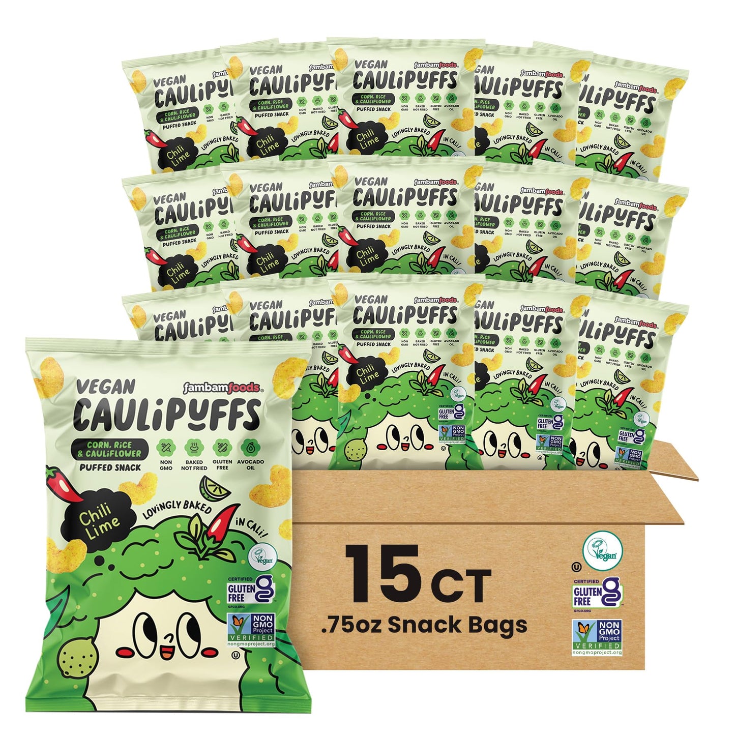 Vegan Chili Lime Caulipuffs - Corn, Rice, And Cauliflower Gluten Free Puffed Snack (Box Of 15-0.75Oz Bags)