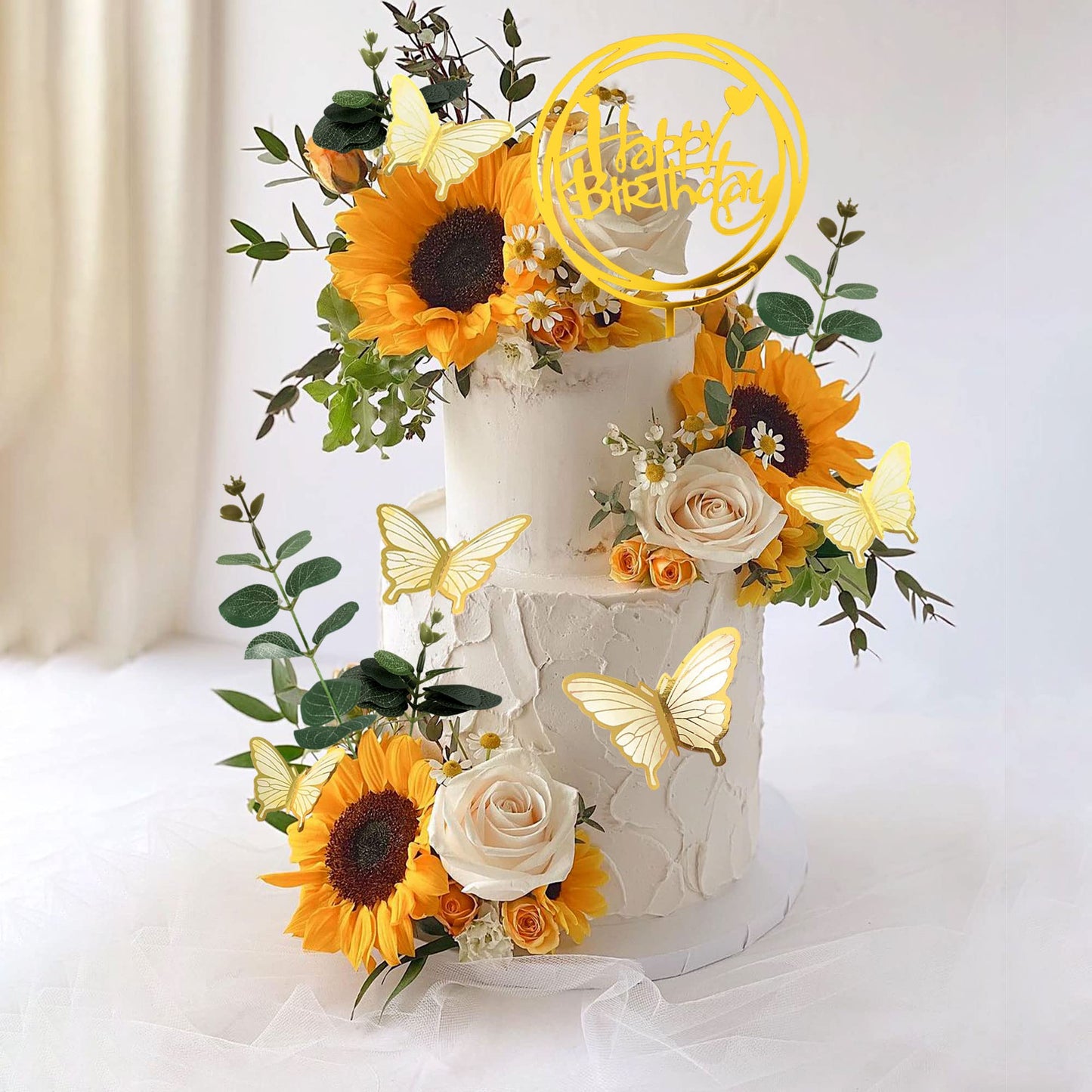 Drwate Sunflower Cake Topper, 28 Pcs Multicolor Acrylic, Silk - Baby Shower, Wedding Decorations, Butterfly, Eucalyptus, Rose, H