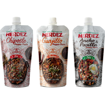 HERDEZ Pepper Paste Trio - Chipotle, Guajillo, Ancho & Pasilla - 7oz Squeeze Pouch with Easy Close Twist Cap - Dried Chile Alternative