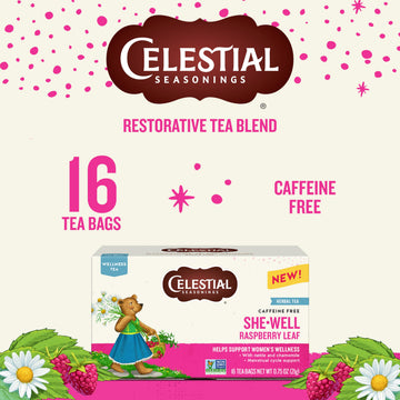 Celestial Seasonings SheWell Raspberry Leaf Wellness Tea Caffeine Free 16 Tea Bags Box