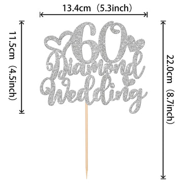1 Pcs 60Th Wedding Anniversary Cake Topper With Heart Silver Glitter Silver 60 Diamond Wedding Cake Pick Cheers To 60 Years Cake