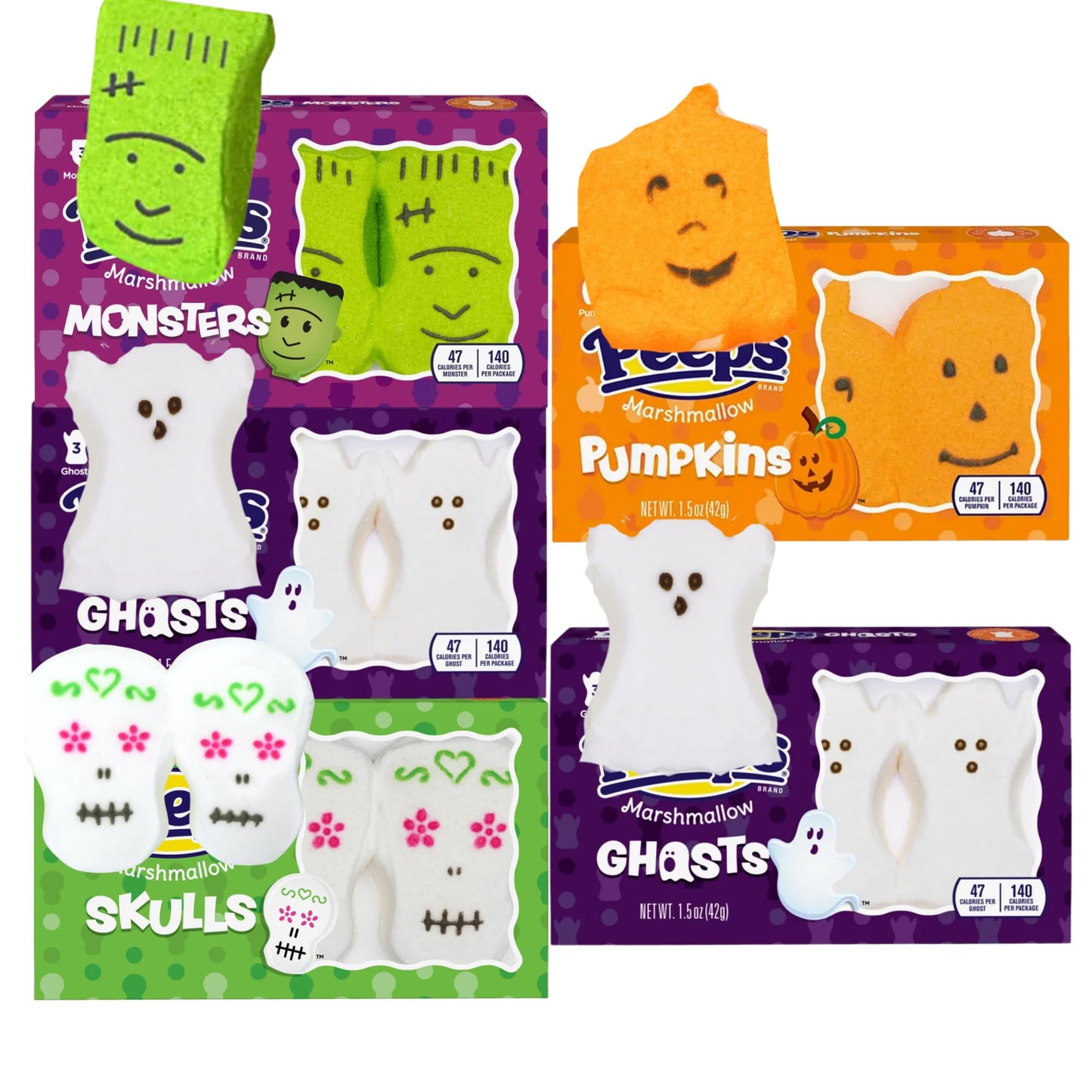 Peeps Halloween Marshmallow Assortment, Packs of 3 Sugar Skulls, Monsters, Pumpkins, and Ghosts Pack of 5
