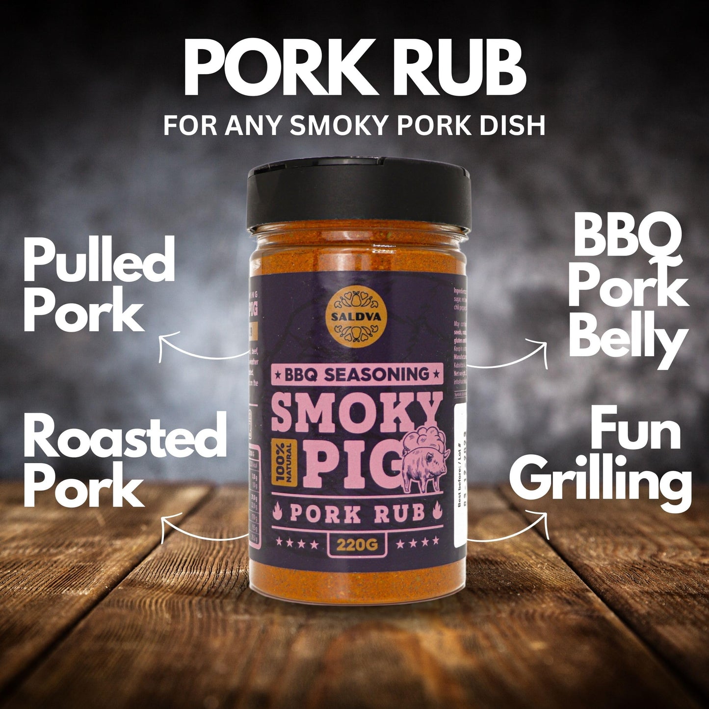 SALDVA Smoky Pig BBQ Pork Rub - 100% Natural Seasoning - 220g (7.76 oz) Large Jar