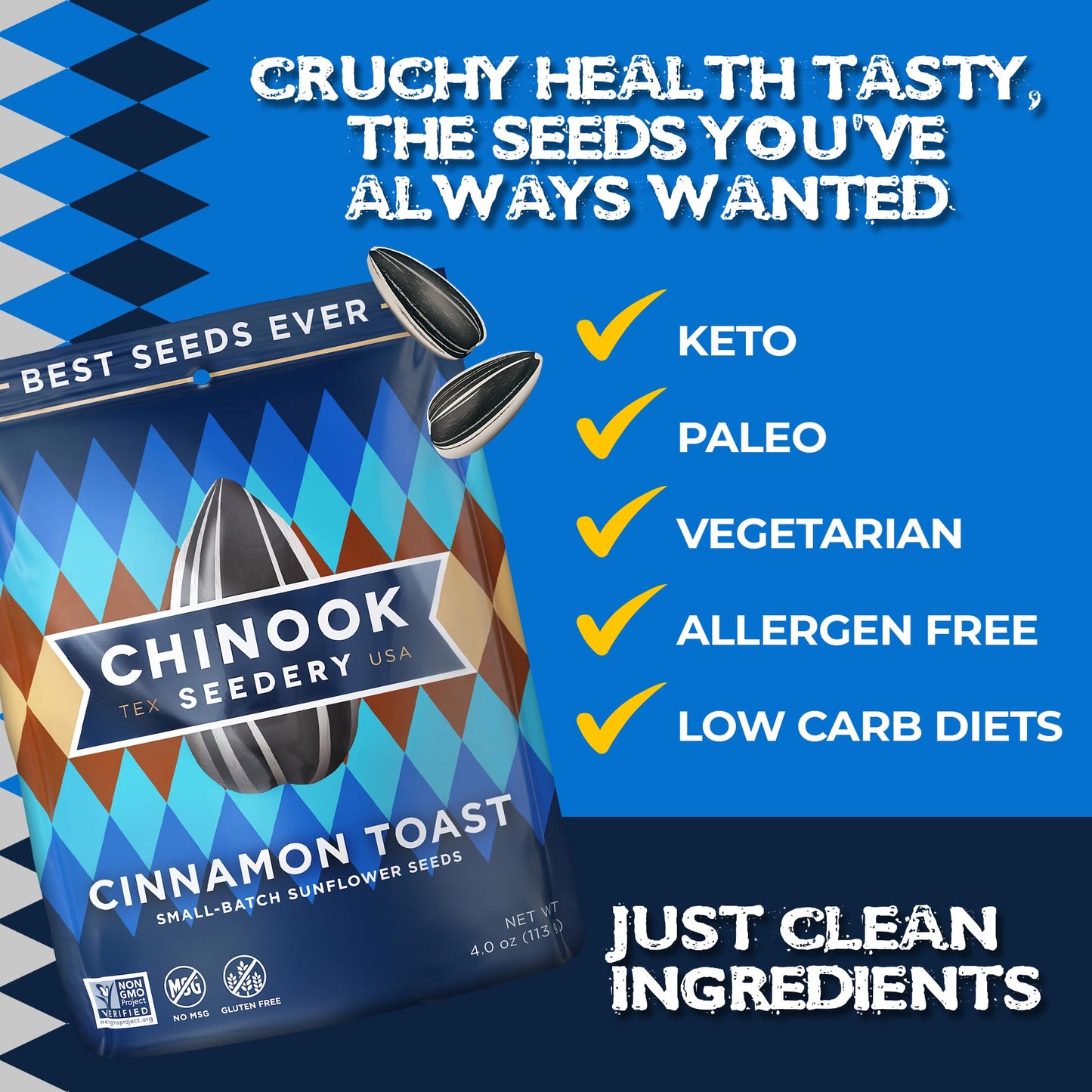 Chinook Seedery Roasted Jumbo Sunflower Seeds - Keto Snacks - Gluten Free, Non GMO - 4 oz (Pack of 3) - Cinnamon Toast Flavor