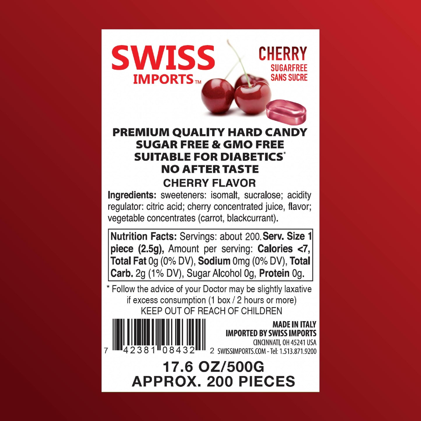 Swiss Imports Sugar Free Bonbons Hard Candy Drops, Cherry, 200 Individually Wrapped Pieces, 500G/17.6Oz