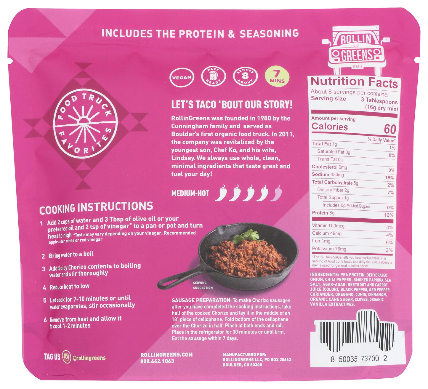 Rollingreens Plant Based Chorizo Me'Eat, 4.5 Oz