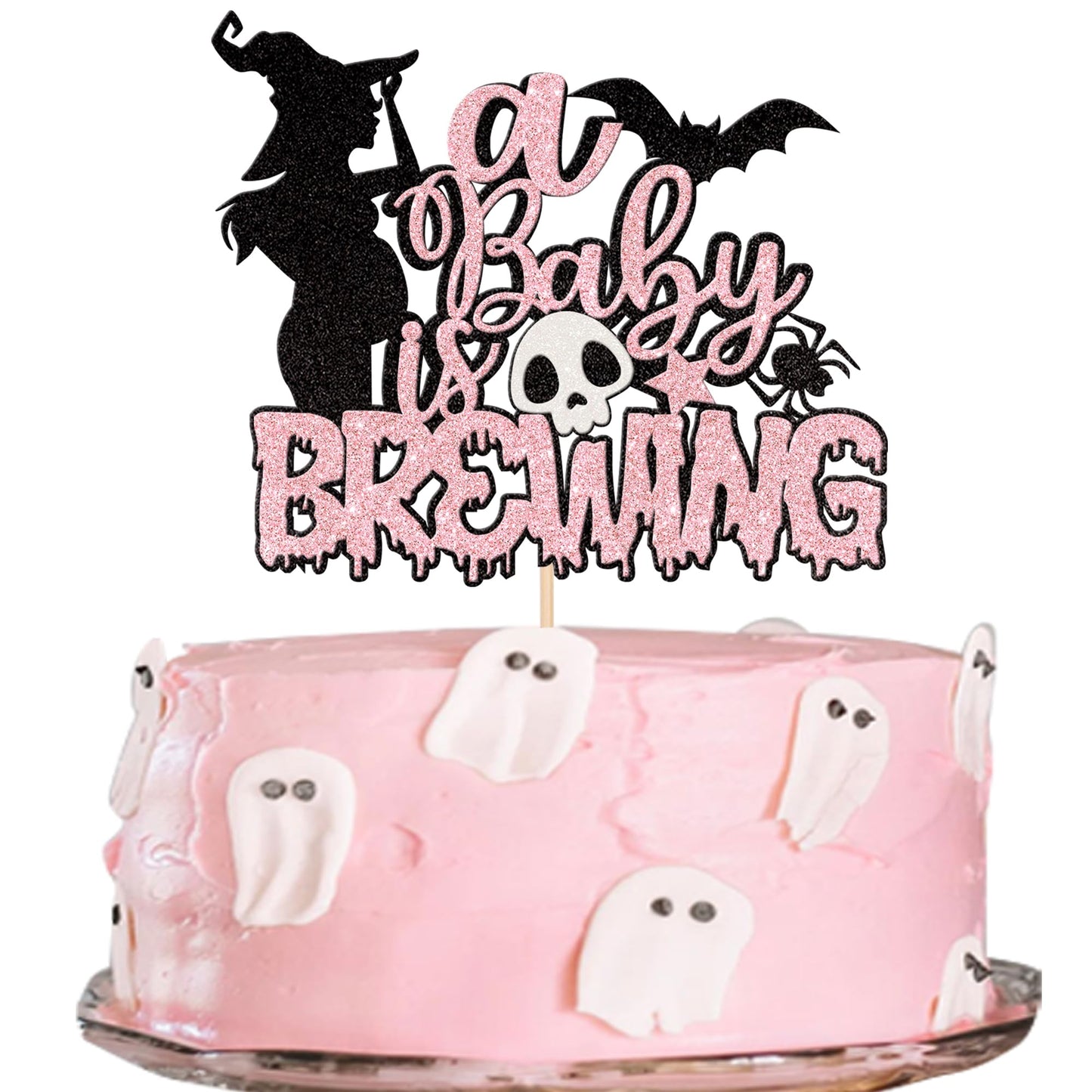 1 Pcs A Baby Is Brewing Cake Topper Glitter Witch Spider Ghost Bat Halloween Cake Pick For Halloween Theme Baby Shower Gender Reveal Birthday Party Cake Decorations Supplies