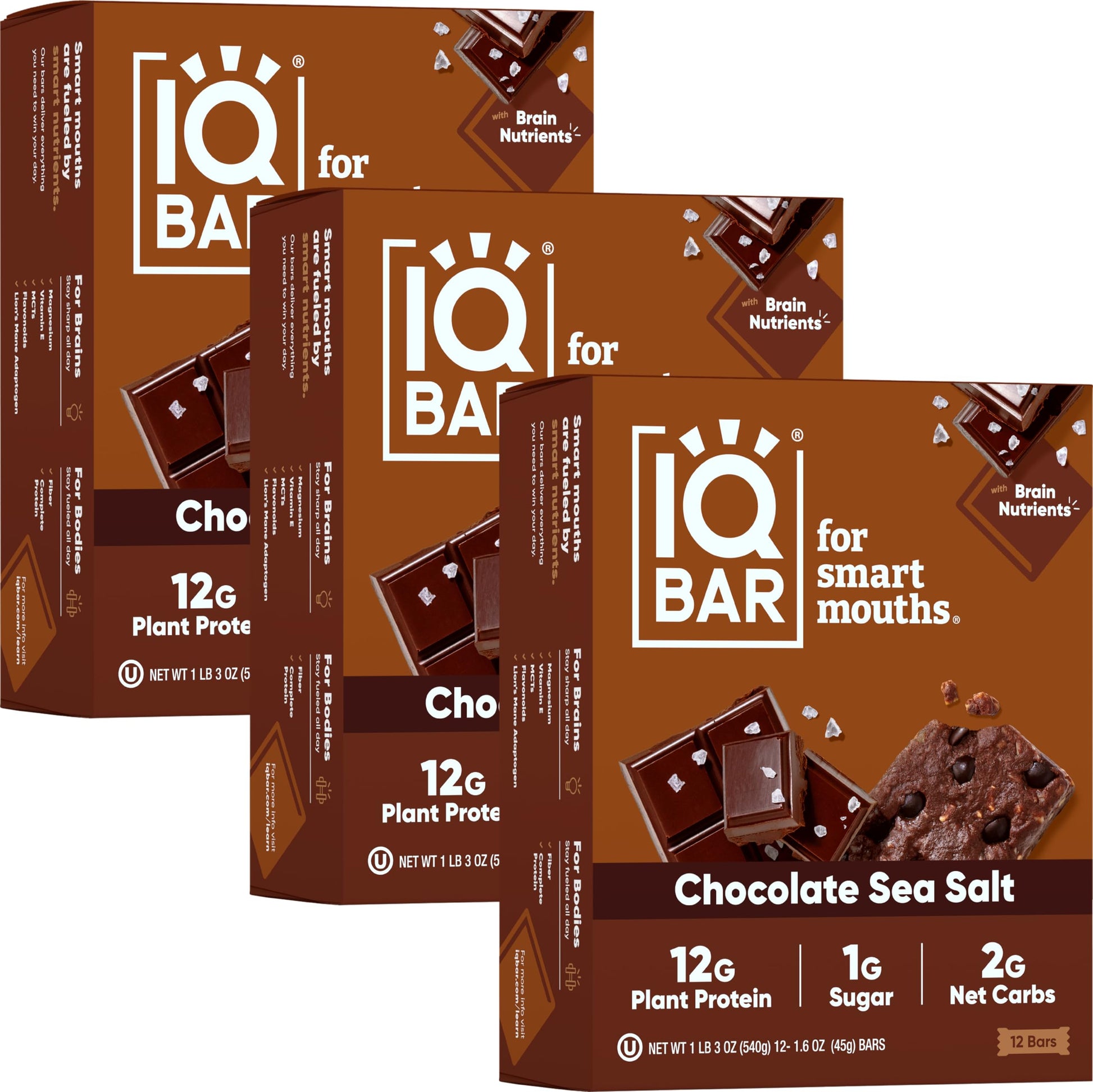IQBAR Brain and Body Plant Protein Bars - Chocolate Sea Salt - 36 Count, Low Carb, High Fiber, Gluten Free, Vegan Snacks - Low S