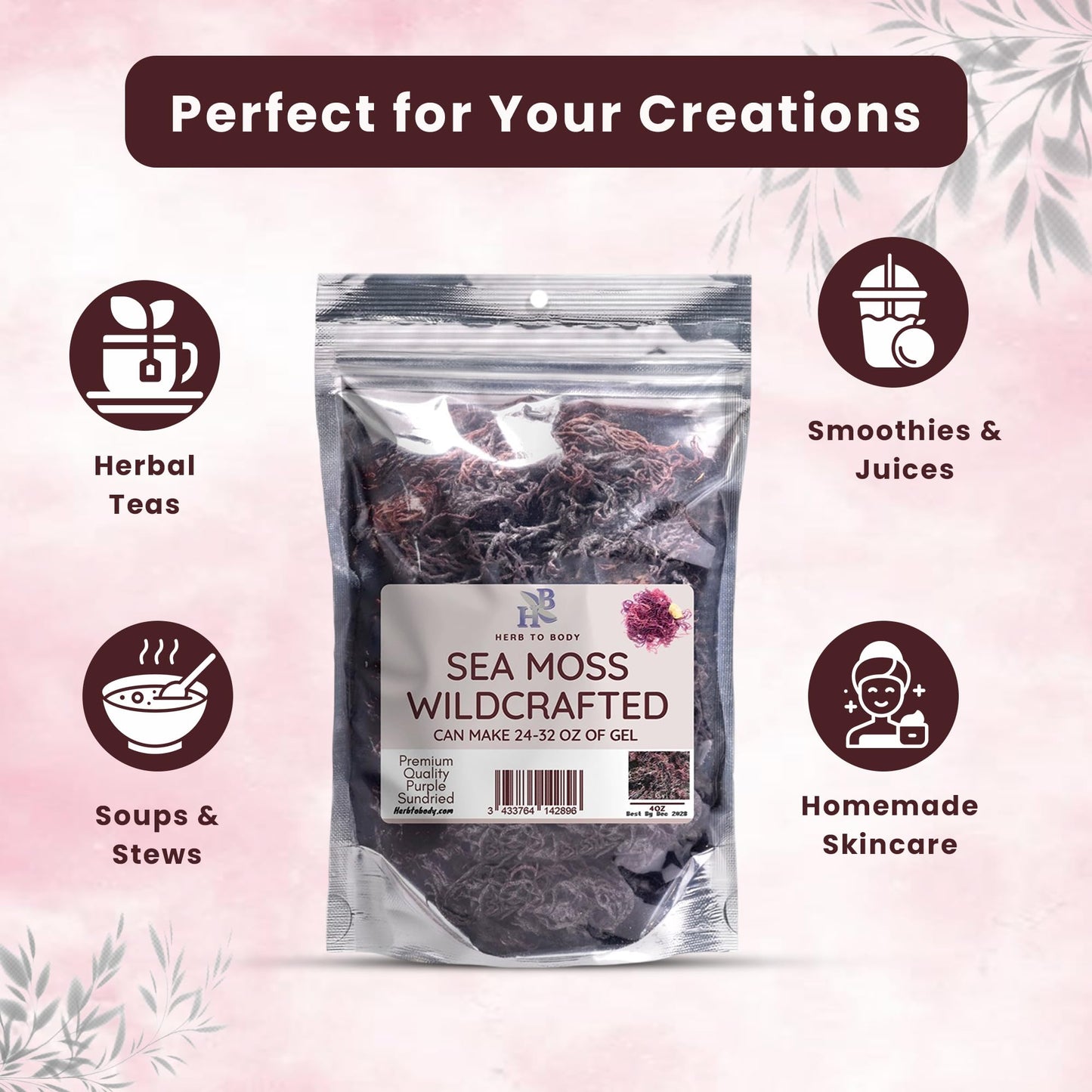Herb To Body Purple Sea Moss - 4oz, Purple Sea Moss, Gold, 100% Wildcrafted from Saint Lucia Raw and Dried, Vegan Superfood with