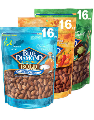 Blue Diamond Almonds Bold Variety Pack - Salt N' Vinegar, Habanero Bbq, And Wasabi & Soy Sauce Flavored Snack Nuts, 16 Oz Resealable Bags (Pack Of 3)