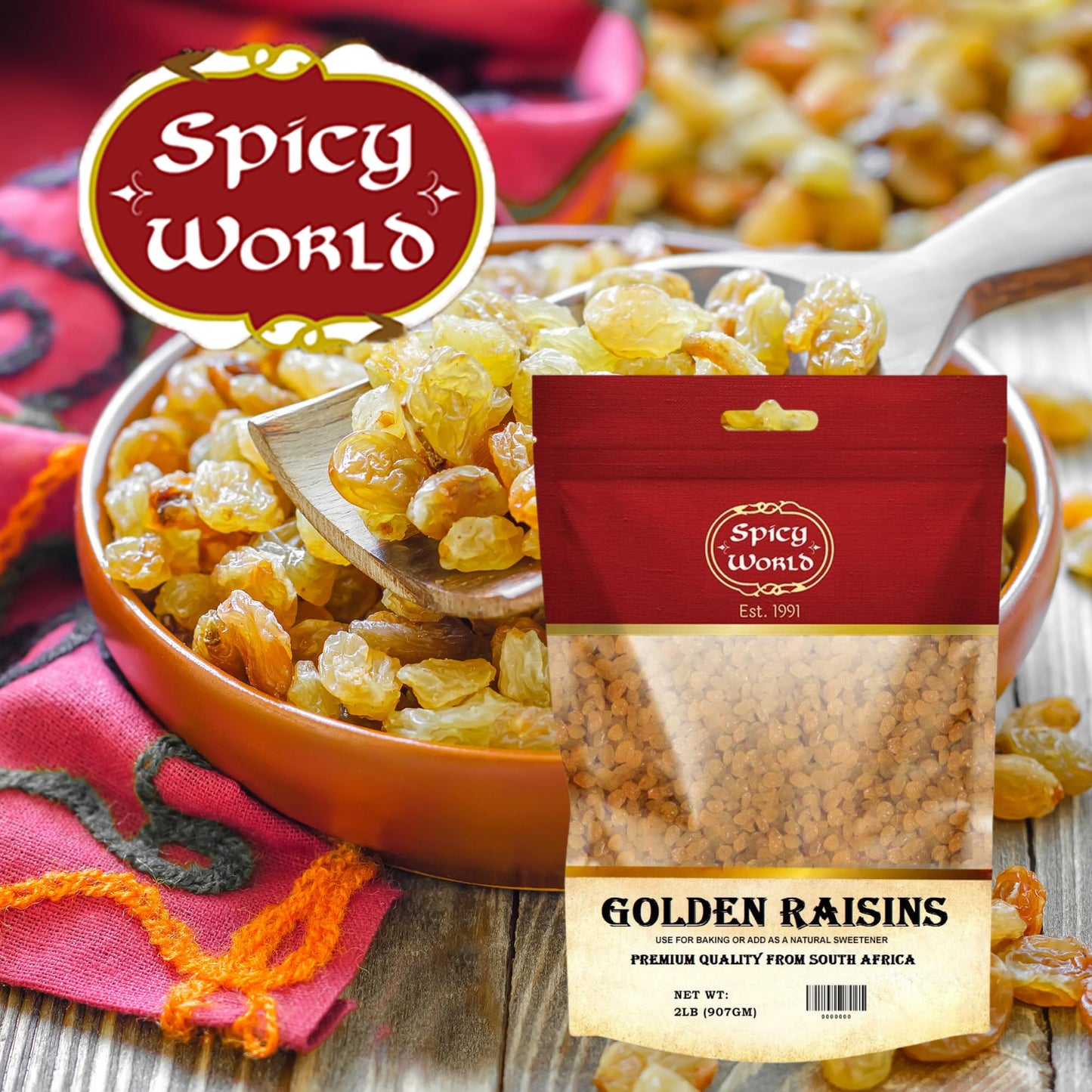 Spicy World Golden Raisins 2 Lb Bulk Bag - Sweet & Seedless Sultanas From South Africa | | Perfectly Dried For Natural Sweetness | Ideal Dried Fruit Snack | For Baking & More | No Added Sugar
