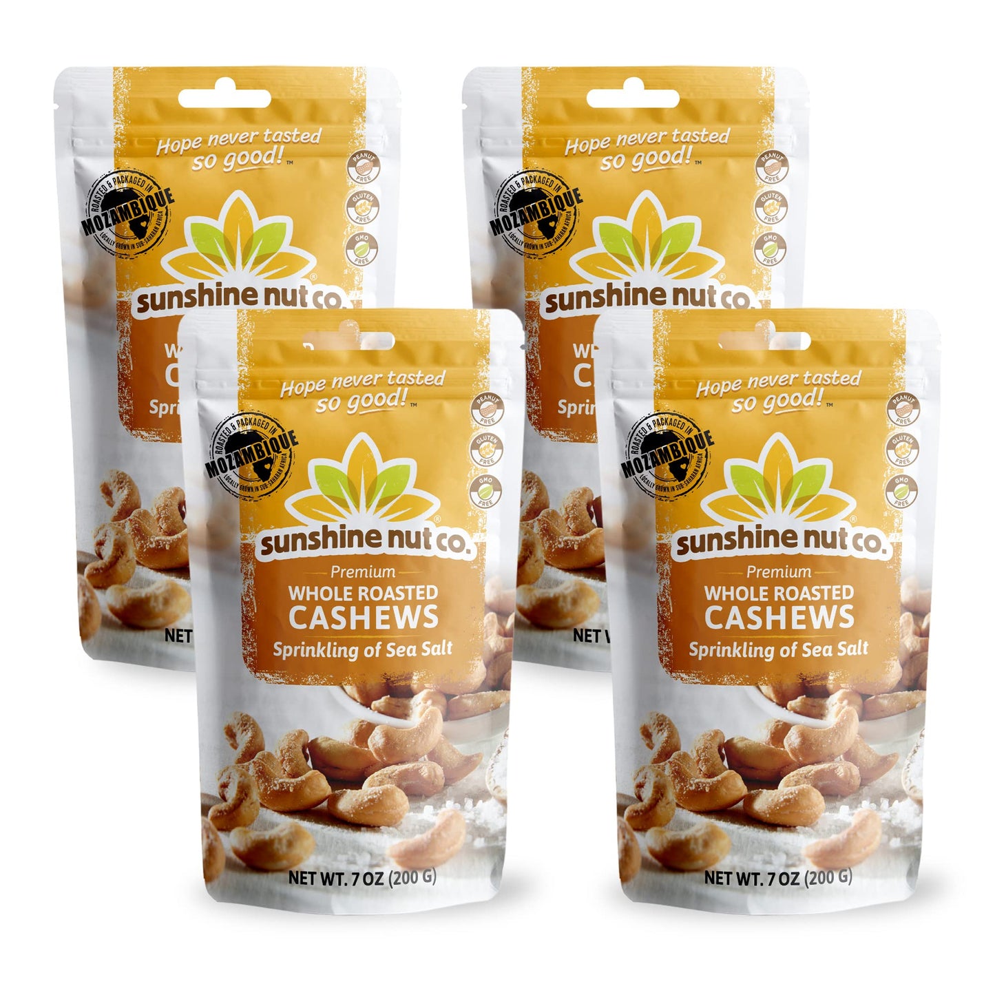 Sunshine Nut Co. Whole Roasted Lightly Salted Cashews, Sprinkling Of Salt Flavor, 4 Pack, 7 Oz. Each, Gluten Free, Peanut Free And Vegan Individual Snack Packs For Kids And Adults, Gmo Free