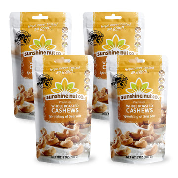 Sunshine Nut Co. Whole Roasted Lightly Salted Cashews, Sprinkling Of Salt Flavor, 4 Pack, 7 Oz. Each, Gluten Free, Peanut Free And Vegan Individual Snack Packs For Kids And Adults, Gmo Free
