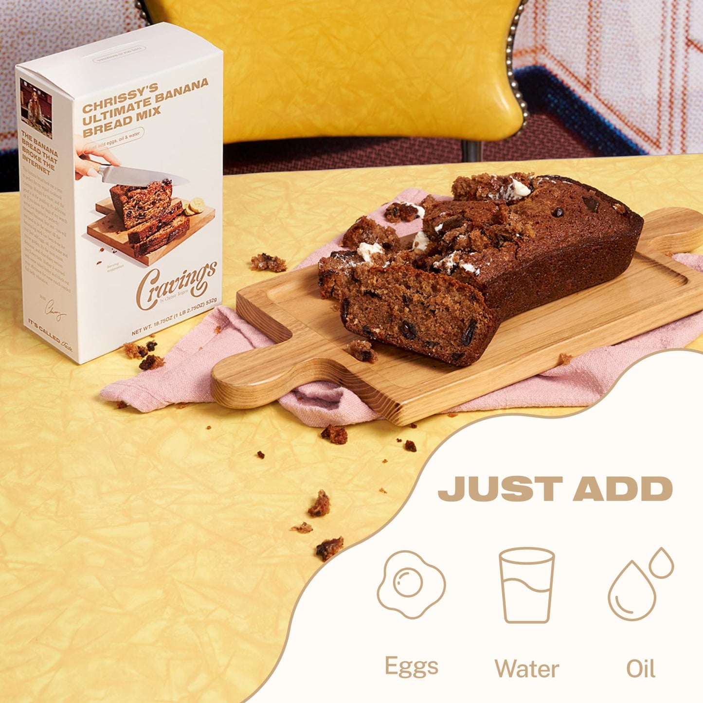 Cravings By Chrissy Teigen Ultimate Banana Bread Mix, Fast And Easy No Bananas Needed Only 03 Ingredients Eggs, Oil And Water, 1