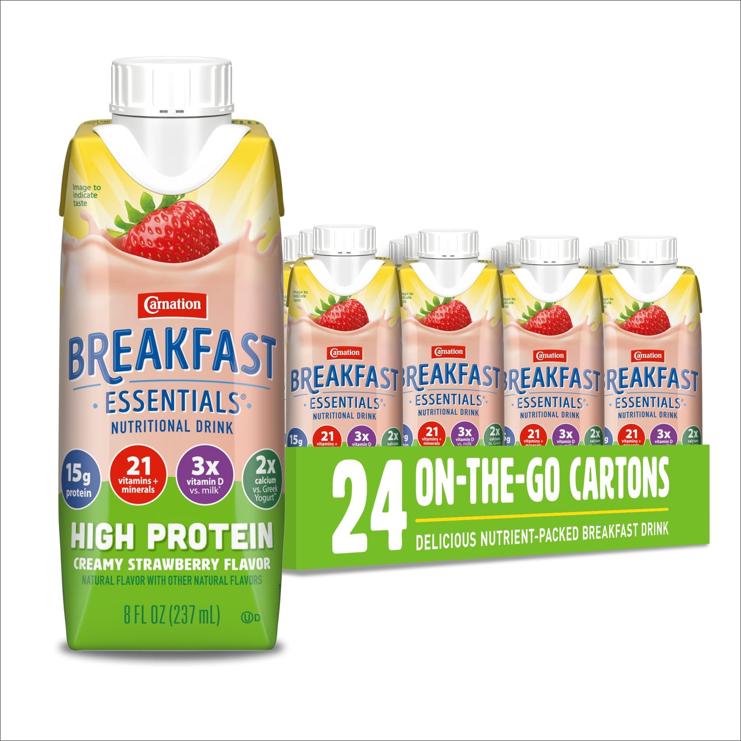 Carnation Breakfast Essentials High Protein Nutritional Drink, 15g Protein, Gluten-Free, Creamy Strawberry, 8 FL OZ Carton (24 Pack)
