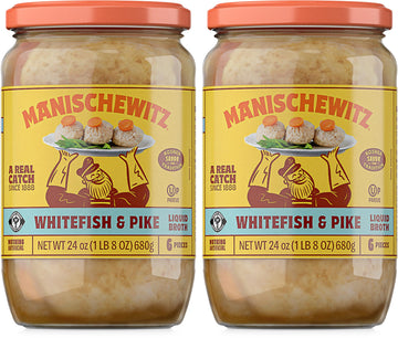 Manischewitz Whitefish & Pike Gefilte Fish in Liquid Broth 24oz (2 Pack), All Natural, Packed with Protein, No Added MSG, Kosher
