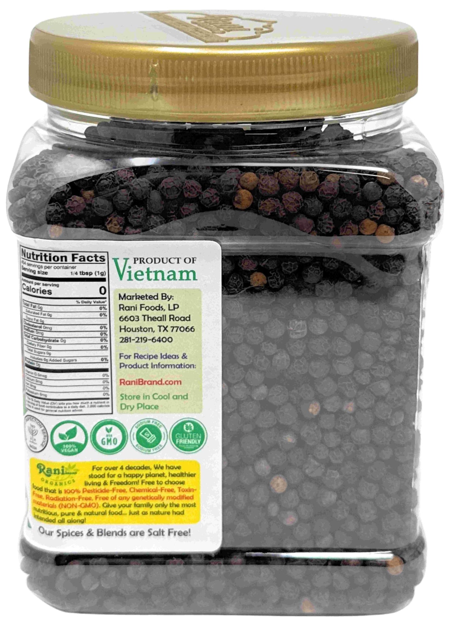 Rani Organic Black Pepper Whole, Premium MG-1 Grade, 16oz (1lb) PET Jar, Non-GMO, Gluten Friendly, USDA Certified Organic, Kosher