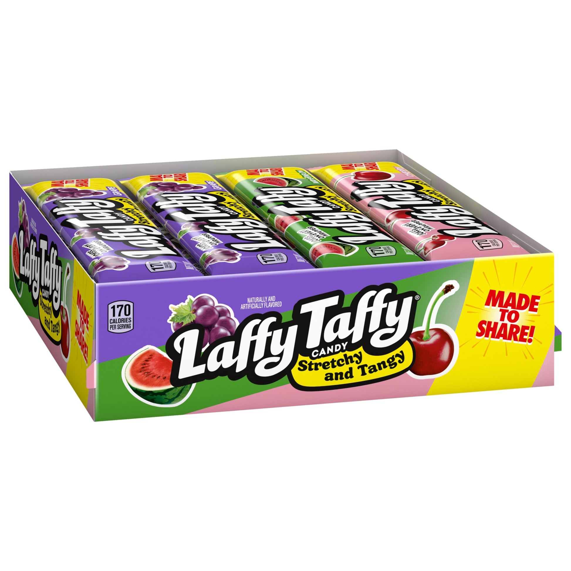 Laffy Taffy Stretchy & Tangy Variety Candy Box, Grape, Watermelon, And Cherry Flavors, 1.5 Ounce Bars (Pack Of 24)
