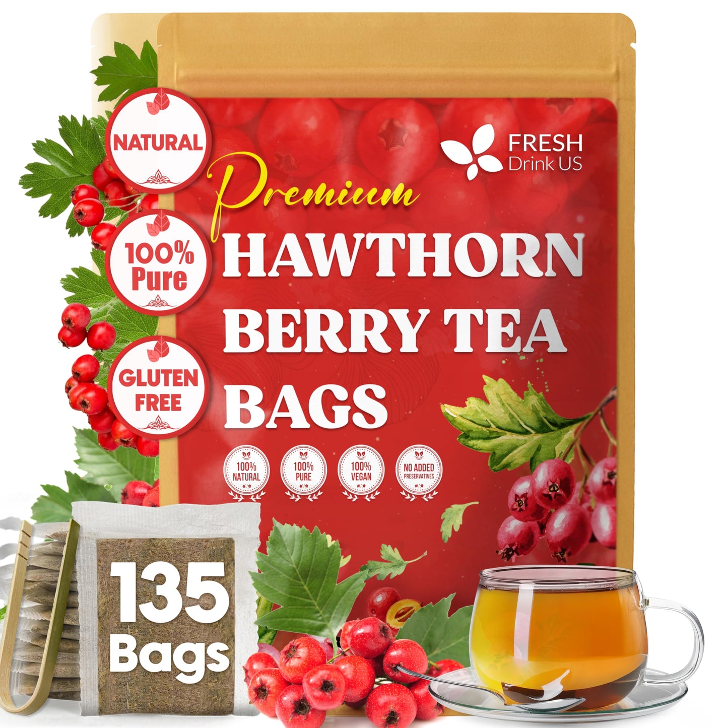 Freshdrinkus Top-Grade Hawthorn Berry Tea - 135 Tea Bags - 100% Natural Herbal Infusion Energy Blend-Free Rich Aroma & Smooth Taste. Vegan