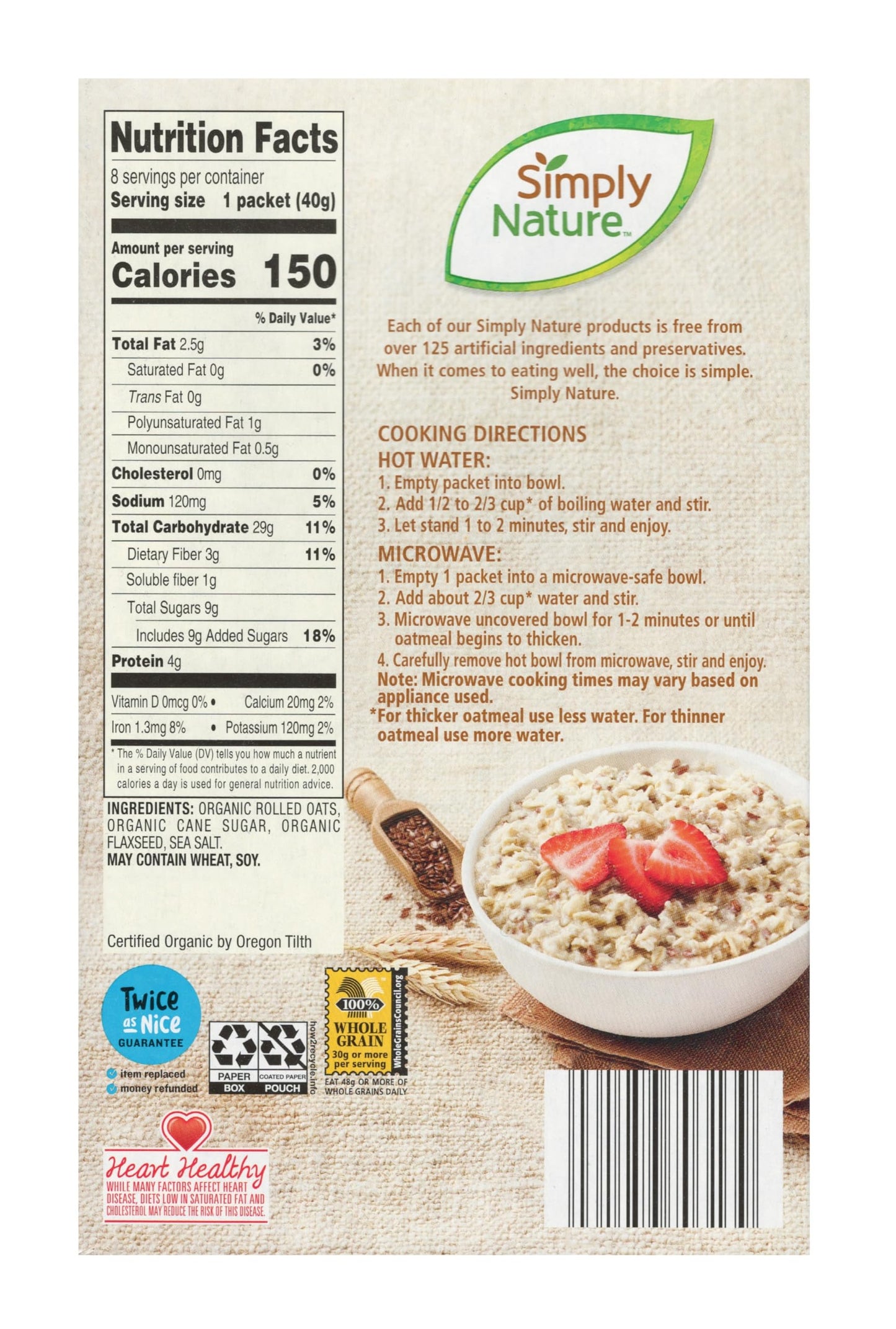 Simply Nature Organic Instant Oatmeal Packets (2 Boxes, Oats & Flax)