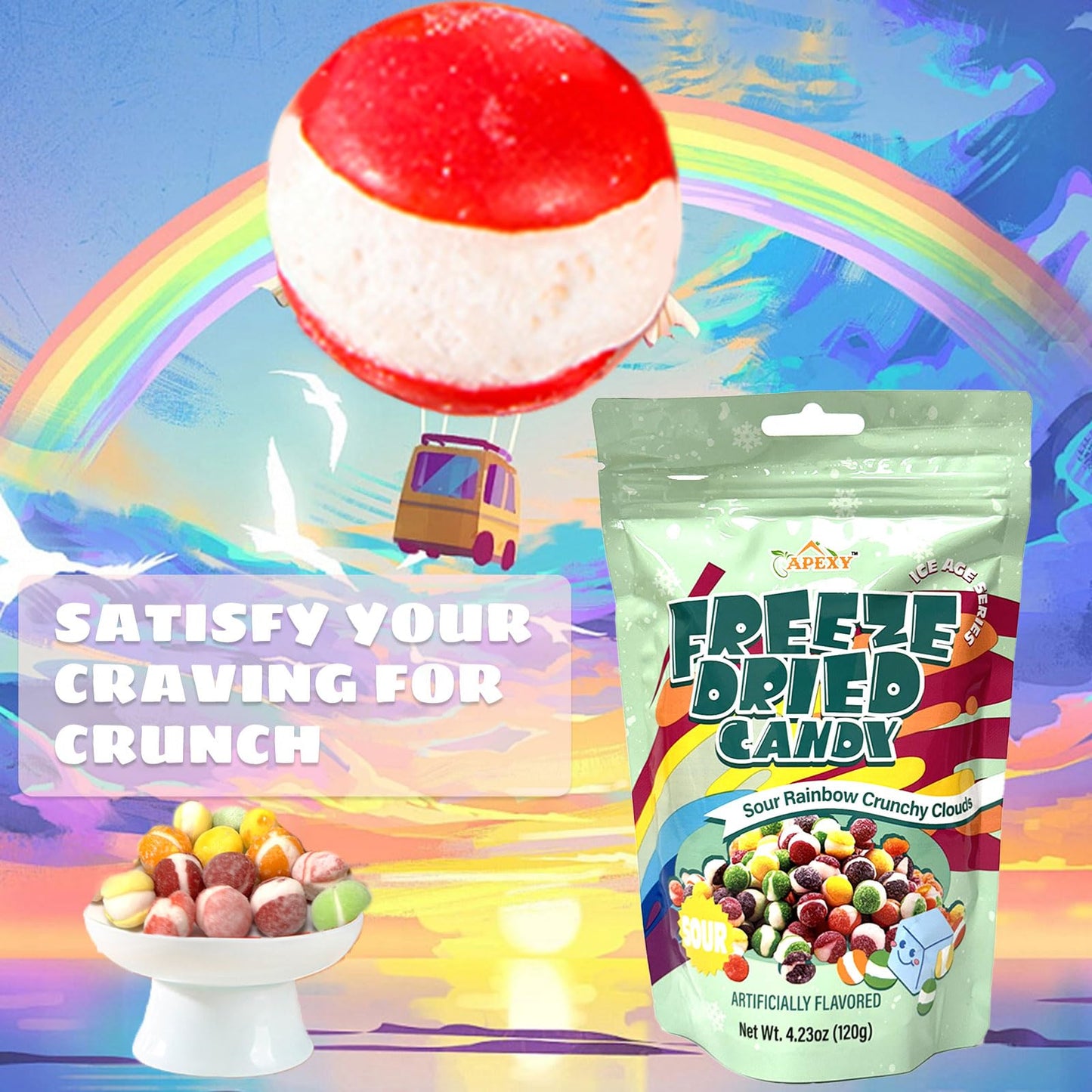 APEXY Freeze Dried Rainbow Candy Assorted Flavor - Crunchy & Snacks - 4.23oz (120g) - Resealable Pouch