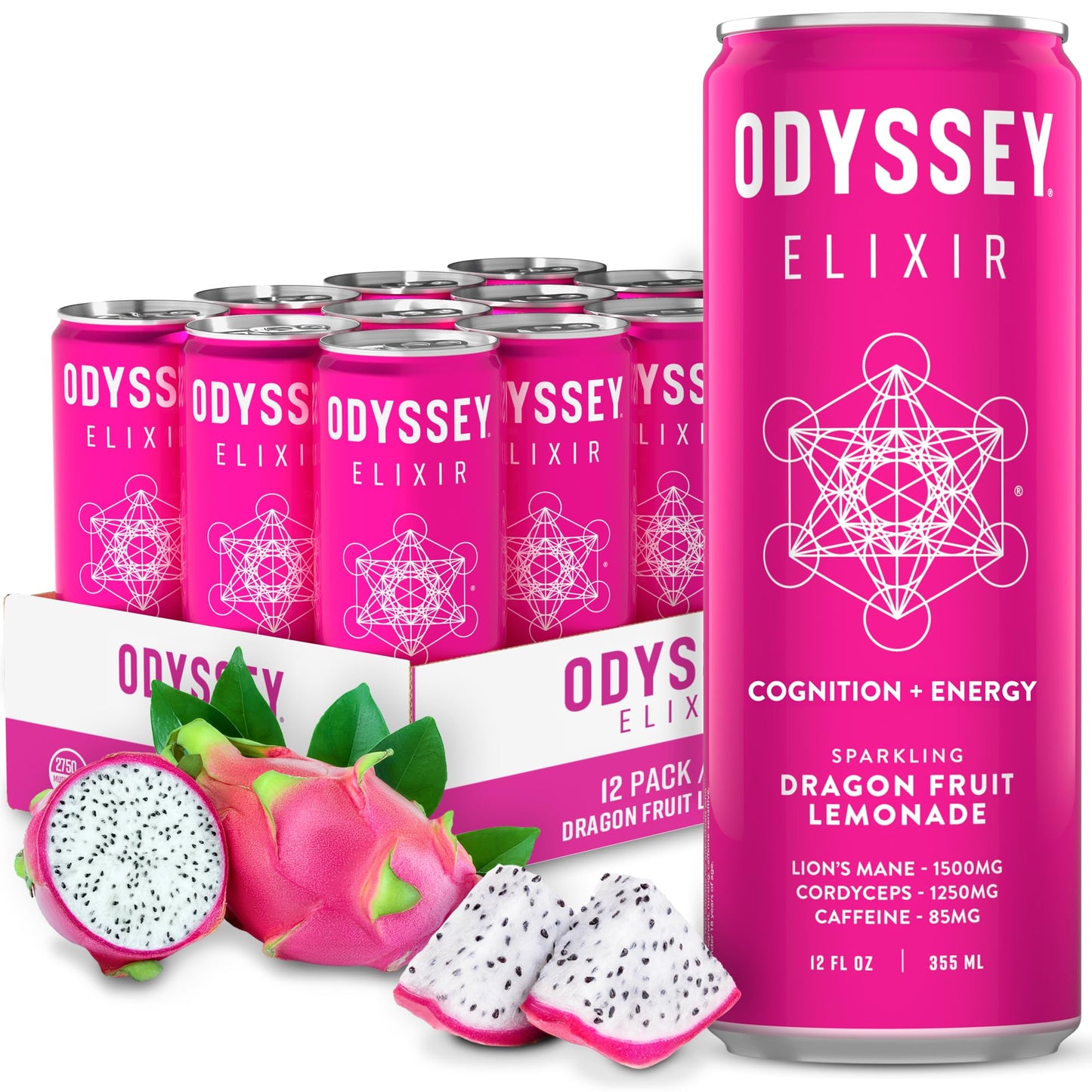Odyssey Elixir Cognition + Sustainable Energy - LionS Mane Cordyceps L Theanine Flavor Blendseng & 85Mg Green Tea Energy Blend - 0 Added Sugar - No Jitters Or Crash - Blackberry Lemonade - 12 Fl Oz 12 Pack