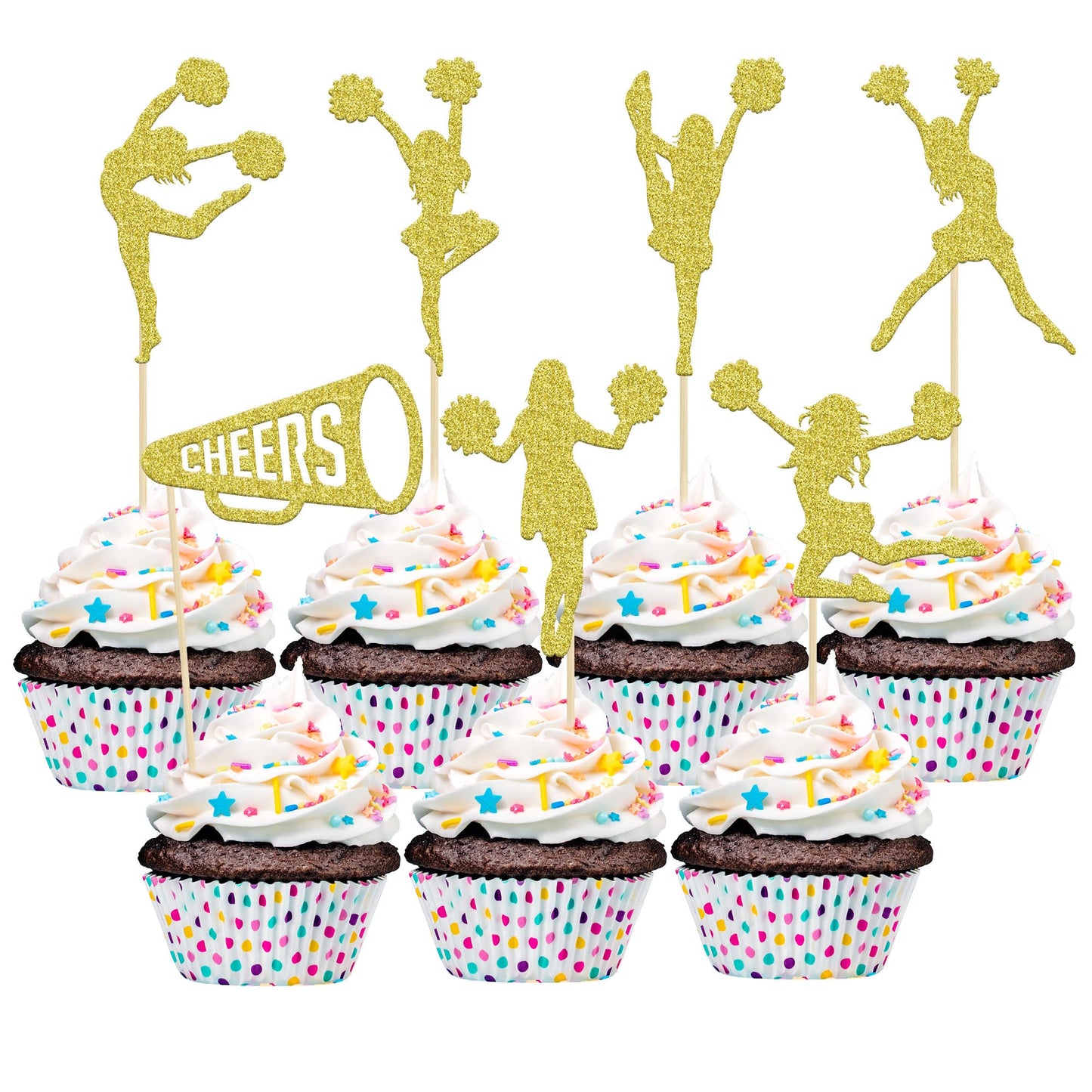 Gyufise 28 Pack Cheerleader Cupcake Toppers Gold Glitter Cheerleading Gymnastics Cupcake Picks Cheer Team Cake Decorations Gymna