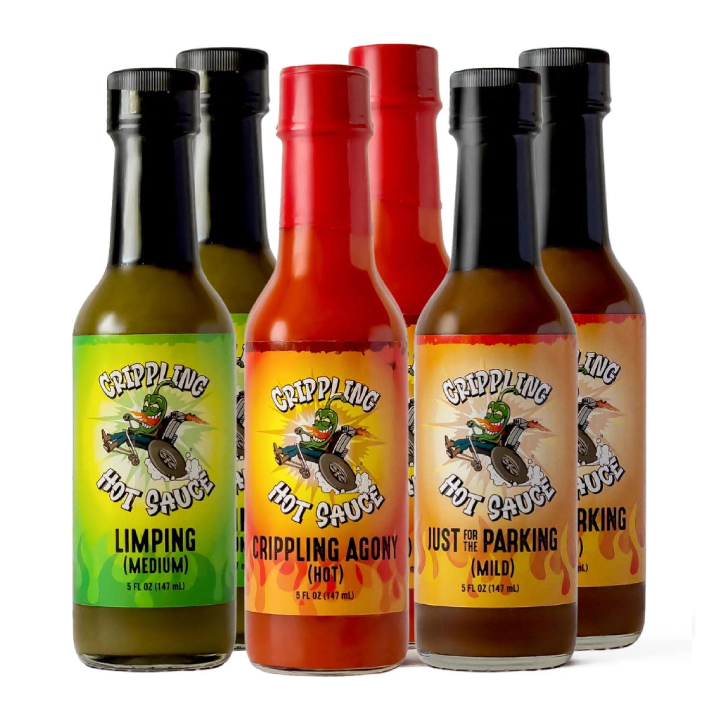 Crippling Hot Sauce 6-Pack Variety - 2X Just For The Parking (Mild), 2X Limping (Medium), 2X Crippling Agony (Hot) - Gourmet Glu