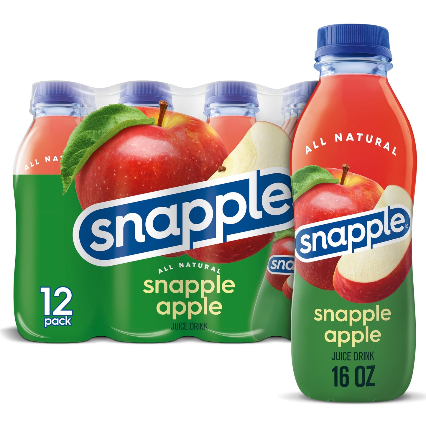 Snapple Apple Juice Drink, 16 Fl Oz Recycled Plastic Bottle, Pack Of 12