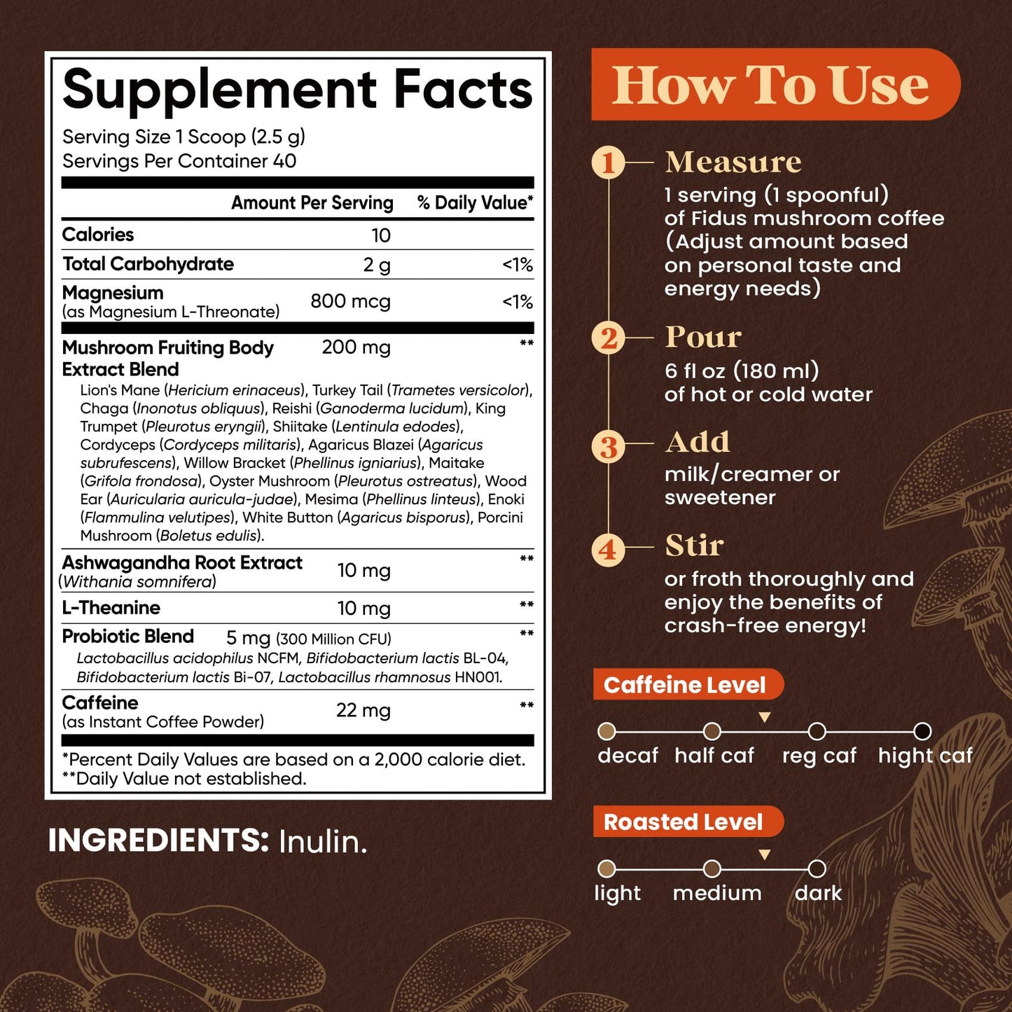 Fidus 16 in 1 Mushroom Coffee with 80 000mg Adaptogenic Mushrooms with Ashwagandha Probiotic Magnesium and Lions Mane Instant Mushroom Coffee for Focus Energy Immunity & Digestion 40 Servings