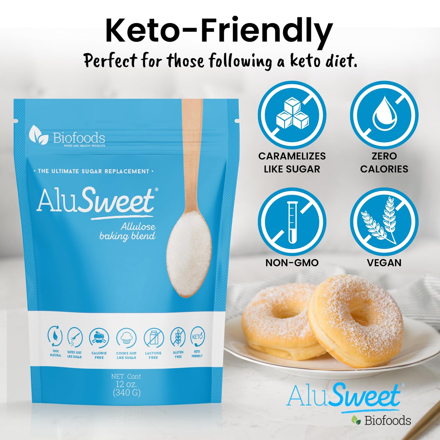 Alusweet Allulose Sweetener Zero Calorie - 36 Oz - 1:1 Sugar Substitute, Keto-Friendly, Gluten-Free, Non-Glycemic, Plant-Based S
