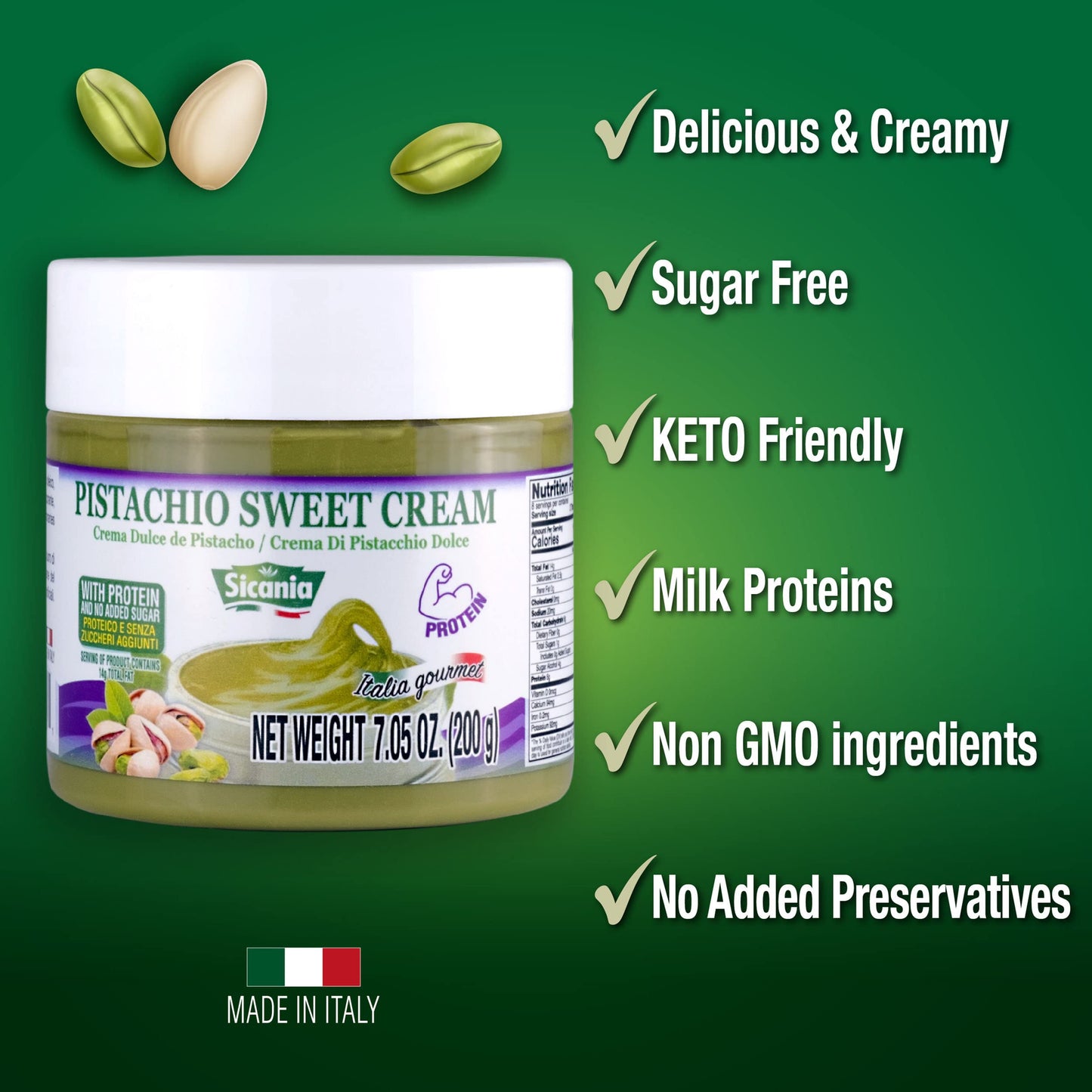Sicania Premium Pistachio Protein Sweet Cream, 7.05 Oz (200G) - 100% Italian Made - Guilt-Free Indulgence - Gluten-Free, Non-Gmo