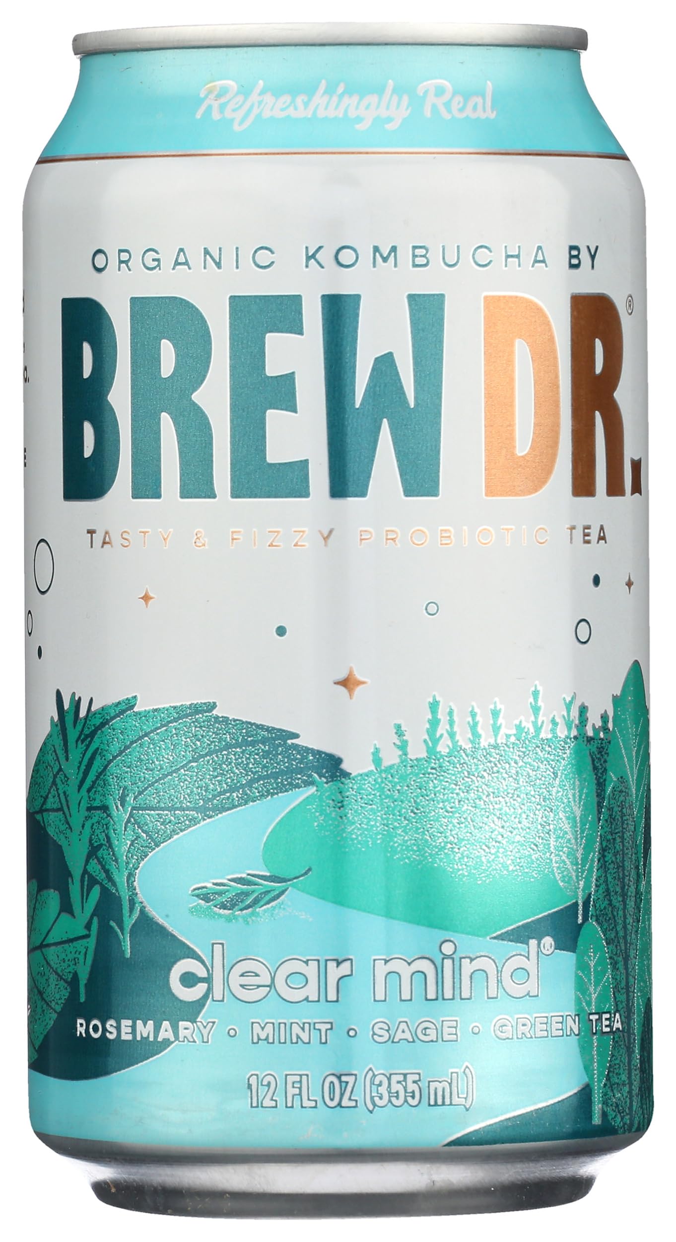 Brew Dr. Kombucha Organic Raw & Probiotic - Clear Mind Kombucha Cans- Green Tea With Rosemary Peppermint And Sage - 4 Pack 12 Fl Oz. Cans