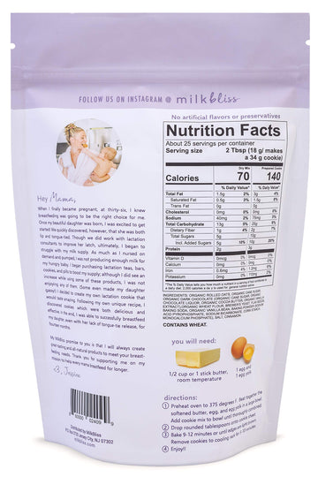 MilkBliss Dark Chocolate Chip Lactation Cookie Mix- Oatmeal Breastfeeding Cookie dietary product Support for Milk Supply Increase 15 oz