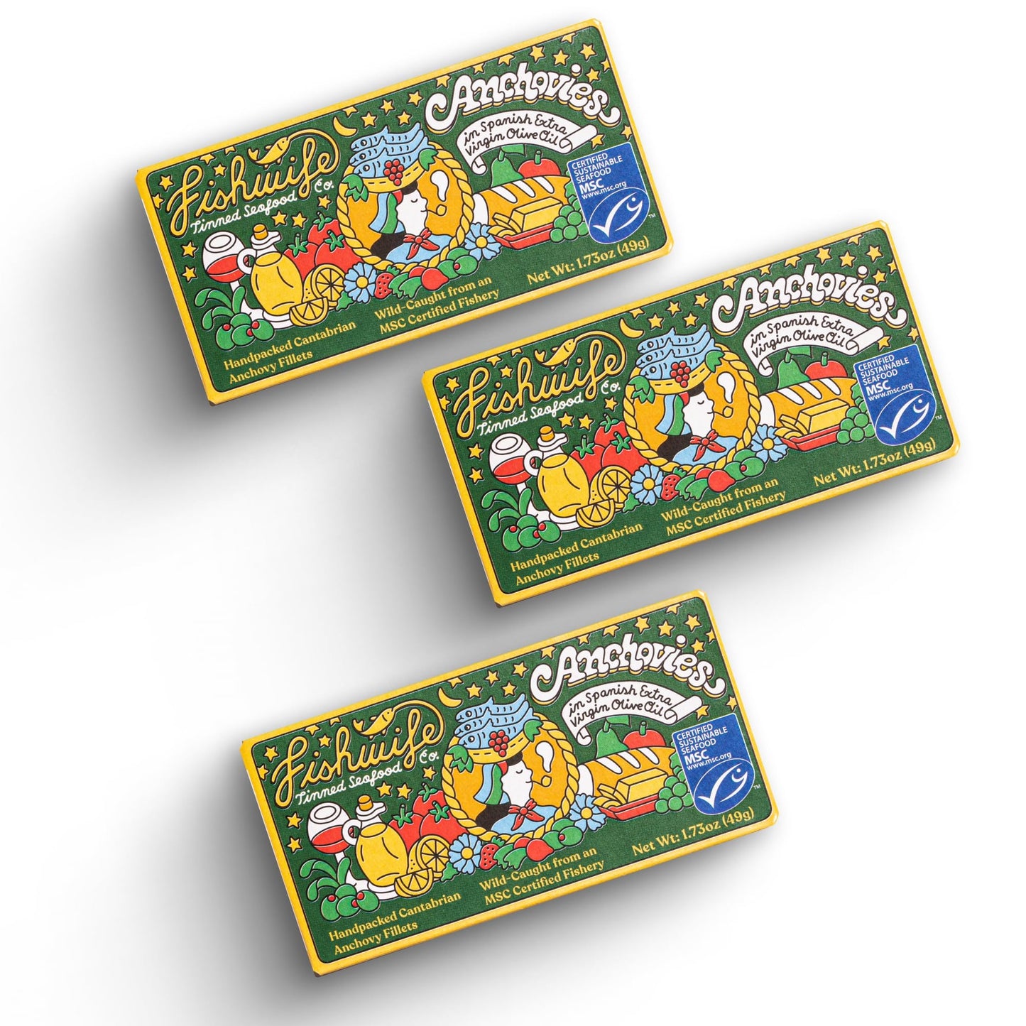 Fishwife Cantabrian Anchovies 3-Pack (1.73 Ounce) | Wild-Caught & Hand-Packed with Spanish Extra Virgin Olive Oil | MSC-Certified Sustainable Seafood High Protein Gluten Free Paleo Friendly Omega-3s