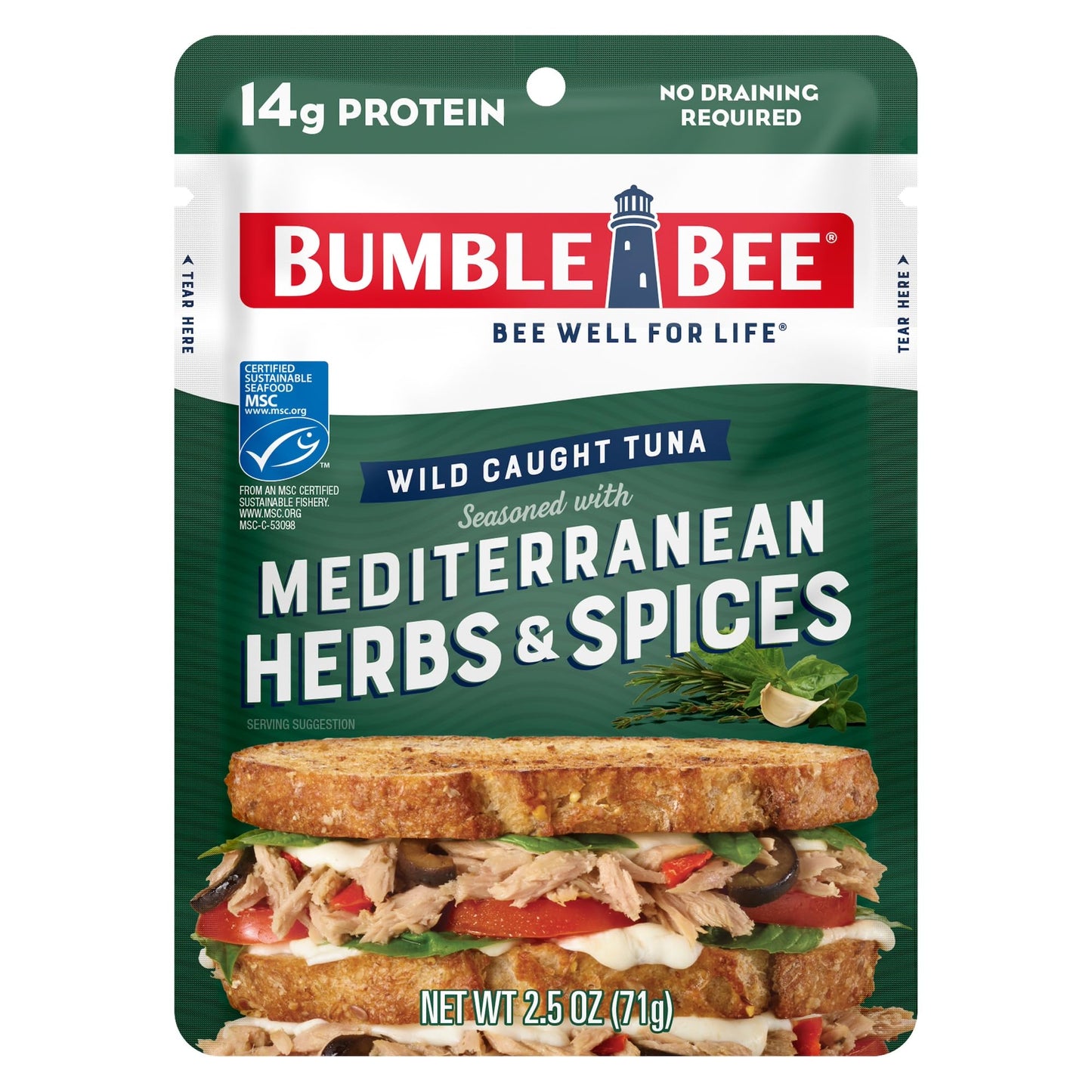 Bumble Bee Mediterranean Herbs & Spices Seasoned Tuna, 2.5 oz Pouch - Ready to Eat - Wild Caught Tuna Packet - 16g Protein per S