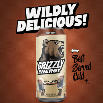 Grizzly Energy Drink Root Malt-Inspired Taurine B Vitamins & 160Mg Caffeine - Energy Focus & Hydration Boost - 10 Calories, Zero Sugar - No Artificial Colors Or Flavors - 16 Fl Oz (12 Pack Cans)