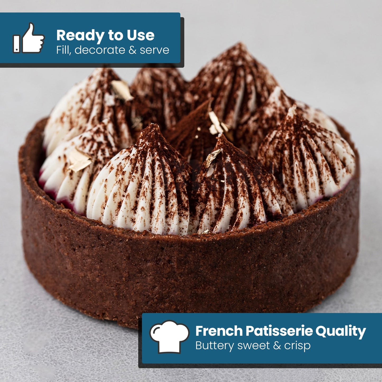 Cambie Round Chocolate Medium Tart Shells, 2.17 in Diameter, French Style Cocoa Tarts with Dark Chocolate Coating (Pack of 40)