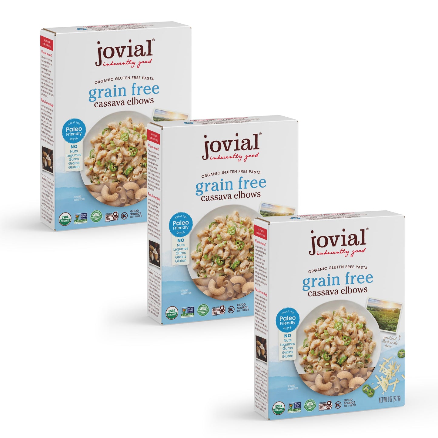 Jovial Grain-Free Cassava Elbows - Gluten Free Elbow Macaroni Cassava Pasta Paleo Pasta Grain-Free 100% Organic Pasta Usda Certified Organic Non-Gmo High-Fiber - 8 Oz 3 Pack