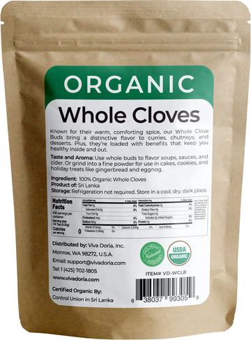 Viva Doria Organic Ceylon Whole Cloves, Hand Picked Sri Lankan Clove Buds, 8 Oz (227 G) | Raw From Sri Lanka