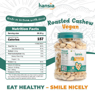 Hansia Roasted Cashew - Vegan, Dry Roasted, Unsalted Superfood Snack, 1 Pound